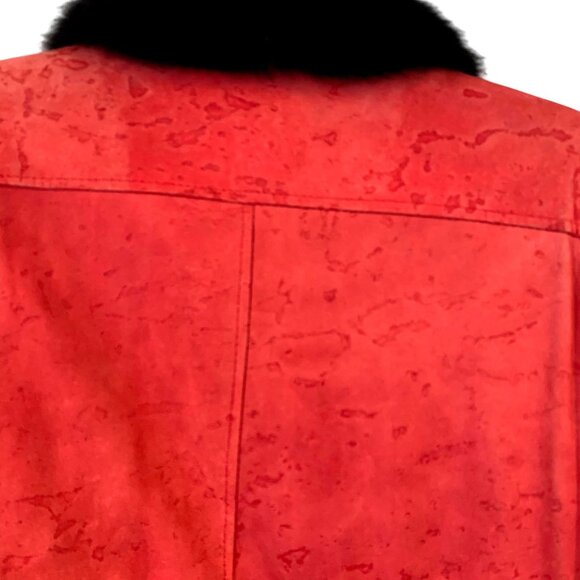 Guy Laroche Vintage Red Suede Bomber Jacket Black Fur Collar Embroidered Logos - Picture 11 of 12